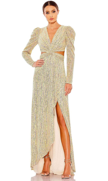 Sophisticated V-neck Floor Length Natural Waistline Sheath Ruched Cutout Sequined Back Zipper Slit Wrap Open-Back Puff Sleeves Sleeves Sheath Dress/Evening Dress with a Brush/Sweep Train