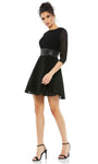 A-line Belted Pleated Jeweled Neck Natural Waistline Flutter Sleeves Cocktail Short Dress