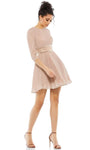 A-line Belted Pleated Flutter Sleeves Natural Waistline Jeweled Neck Cocktail Short Dress