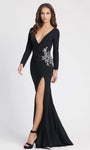 Sophisticated V-neck Long Sleeves Natural Waistline Floor Length Mermaid Draped Slit Back Zipper Shirred Beaded Dress with a Brush/Sweep Train