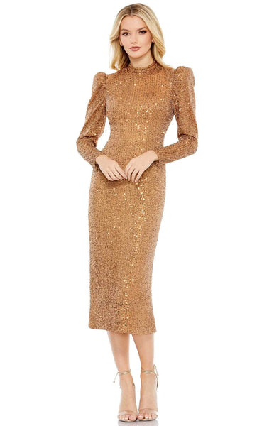 Sheath High-Neck Puff Sleeves Sleeves Fitted Sequined Slit Natural Waistline Tea Length Sheath Dress/Prom Dress/Party Dress