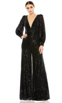 Sophisticated V-neck Floor Length Polyester Bishop Long Sleeves Back Zipper Sequined Natural Waistline Plunging Neck Jumpsuit