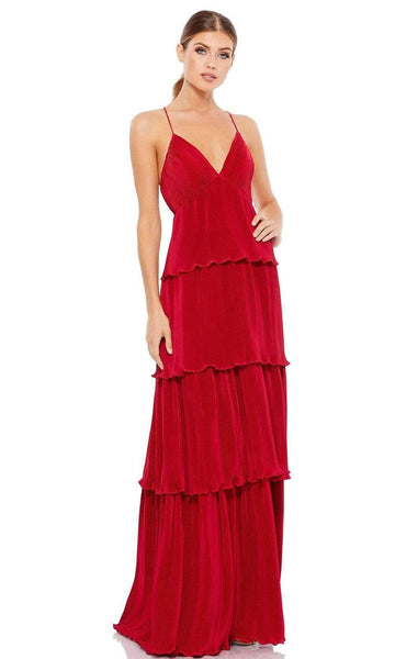 A-line V-neck Spaghetti Strap Back Zipper Shirred Tiered Floor Length Empire Waistline Prom Dress