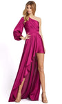 Sophisticated A-line Fit-and-Flare Fitted Pleated Flowy Asymmetric Slit Satin Floor Length Natural Waistline Bishop Sleeves Dress with a Brush/Sweep Train