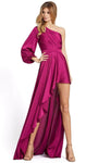 Sophisticated A-line Satin Bishop Sleeves Fitted Pleated Asymmetric Slit Flowy Natural Waistline Floor Length Fit-and-Flare Dress with a Brush/Sweep Train