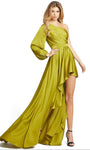 Sophisticated A-line Fit-and-Flare Satin Pleated Asymmetric Flowy Fitted Slit Bishop Sleeves Floor Length Natural Waistline Dress with a Brush/Sweep Train