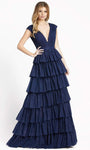 A-line V-neck Natural Waistline Plunging Neck Cap Sleeves Floor Length Pleated Tiered Back Zipper Glittering Prom Dress with a Brush/Sweep Train