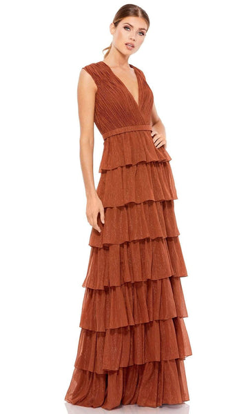 A-line V-neck Floor Length Natural Waistline Pleated Tiered Back Zipper Glittering Cap Sleeves Plunging Neck Prom Dress with a Brush/Sweep Train
