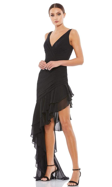 V-neck Chiffon High-Low-Hem Open-Back Pleated Tiered Back Zipper Mermaid Natural Waistline Sleeveless Ruffle Trim Dress