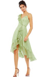 Tall Sophisticated A-line V-neck Cap Sleeves Ruffle Trim Back Zipper Faux Wrap V Back Glittering Open-Back Polka Dots Print Natural Waistline Cocktail High-Low-Hem Tea Length Dress