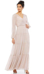 A-line V-neck Bishop Sleeves Natural Waistline Tiered Glittering Back Zipper Floor Length Evening Dress