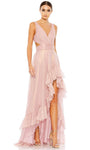 A-line V-neck Open-Back Cutout Fitted Pleated High-Low-Hem Natural Waistline Sleeveless Evening Dress With a Ribbon and Ruffles