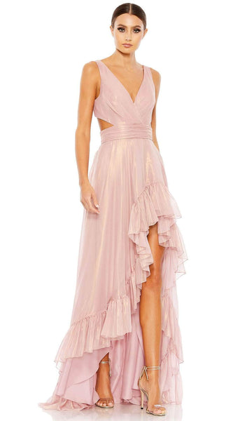 A-line V-neck Natural Waistline High-Low-Hem Open-Back Pleated Fitted Cutout Sleeveless Evening Dress With a Ribbon and Ruffles