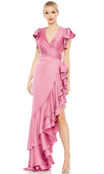 V-neck Satin High-Low-Hem Short Cap Short Sleeves Sleeves Natural Waistline Slit Ruched Plunging Neck Dress with a Brush/Sweep Train With Ruffles