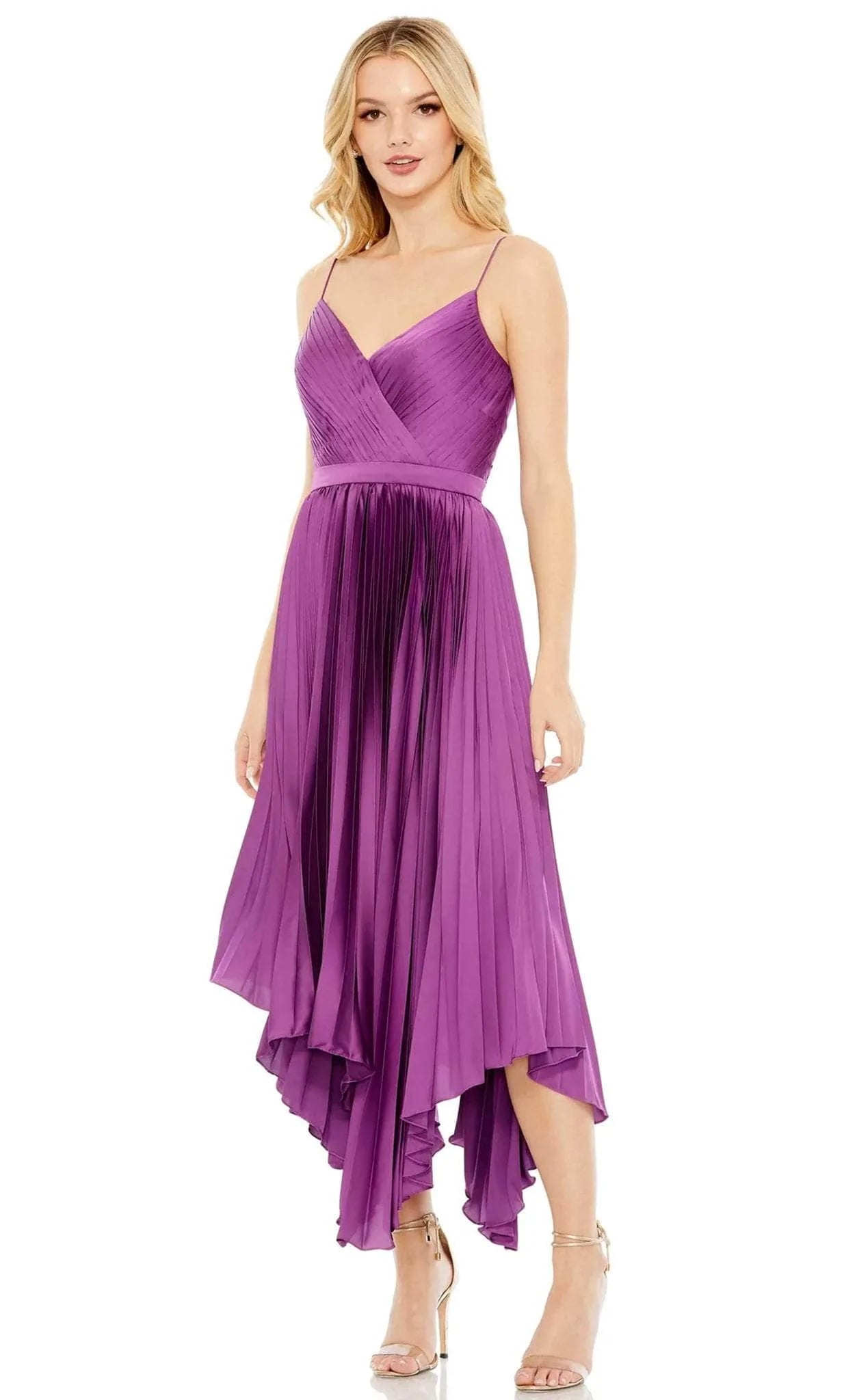 A-line V-neck Natural Waistline Faux Wrap Pleated Fitted Open-Back Back Zipper Tea Length Sleeveless Prom Dress