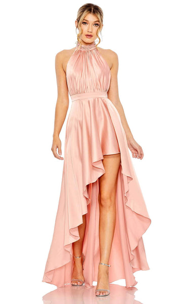 A-line Sleeveless Floor Length High-Low-Hem Gathered Pleated Ruched Natural Waistline Halter High-Neck Evening Dress/Mother-of-the-Bride Dress/Party Dress With a Bow(s) and a Ribbon