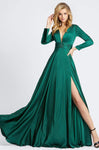 A-line V-neck Long Sleeves Slit Shirred Back Zipper Ruched Empire Waistline Plunging Neck Dress with a Brush/Sweep Train