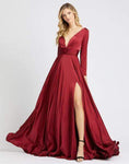 A-line V-neck Back Zipper Slit Ruched Shirred Long Sleeves Empire Waistline Plunging Neck Dress with a Brush/Sweep Train