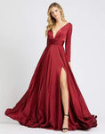 A-line V-neck Empire Waistline Long Sleeves Shirred Back Zipper Slit Ruched Plunging Neck Dress with a Brush/Sweep Train