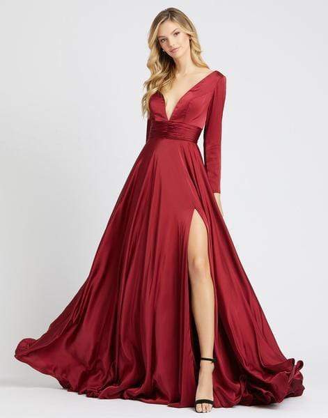 A-line V-neck Empire Waistline Long Sleeves Plunging Neck Back Zipper Shirred Ruched Slit Dress with a Brush/Sweep Train