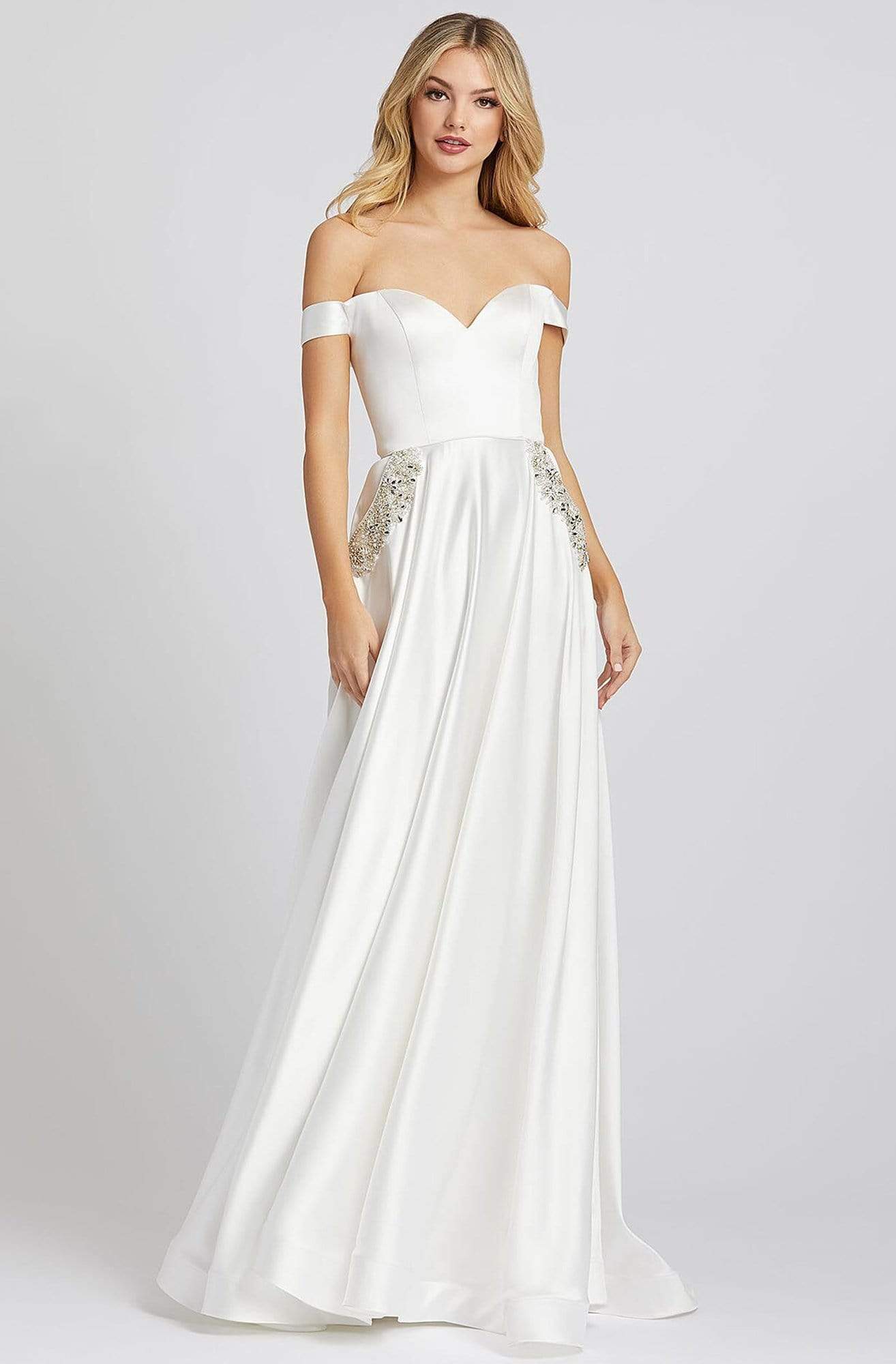 Ieena Duggal - 55273I Off Shoulder Satin Gown with Beaded Pockets
