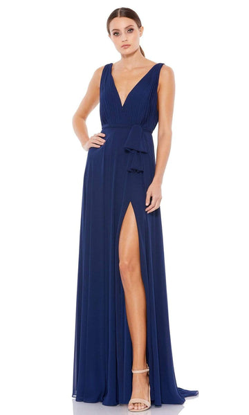 Sophisticated A-line V-neck Open-Back Back Zipper Slit Draped Pleated Shirred Floor Length Natural Waistline Sleeveless Prom Dress with a Brush/Sweep Train With a Bow(s) and a Ribbon