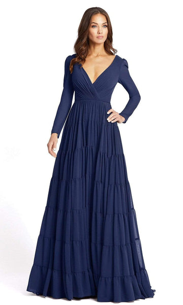 A-line V-neck Fit-and-Flare Long Sleeves Natural Waistline Plunging Neck Floor Length Fitted Tiered Back Zipper Ruched Prom Dress with a Brush/Sweep Train