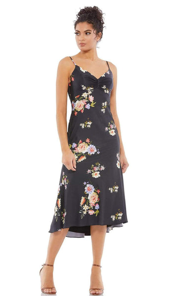 A-line V-neck Floral Print Open-Back Back Zipper Empire Princess Seams Waistline Tea Length Sleeveless Dress