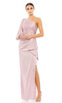 Empire Waistline Floor Length Asymmetric Slit Ruched Shirred Satin Cold Shoulder Sleeves One Shoulder Sheath Sheath Dress