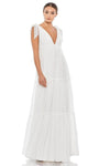 Sophisticated A-line V-neck Tiered Back Zipper Shirred Open-Back Empire Waistline Plunging Neck Floor Length Dress With a Bow(s)