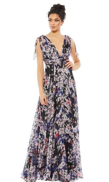A-line V-neck Plunging Neck Floor Length Sleeveless Back Zipper V Back Empire Waistline Floral Print Dress