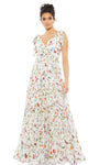 A-line V-neck Back Zipper V Back Floor Length Floral Print Empire Waistline Sleeveless Dress