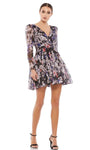 A-line V-neck Back Zipper Floral Print Natural Waistline Chiffon Flutter Long Sleeves Short Dress