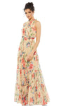 A-line Sleeveless Natural Waistline High-Neck Floor Length Back Zipper Floral Print Dress With Ruffles