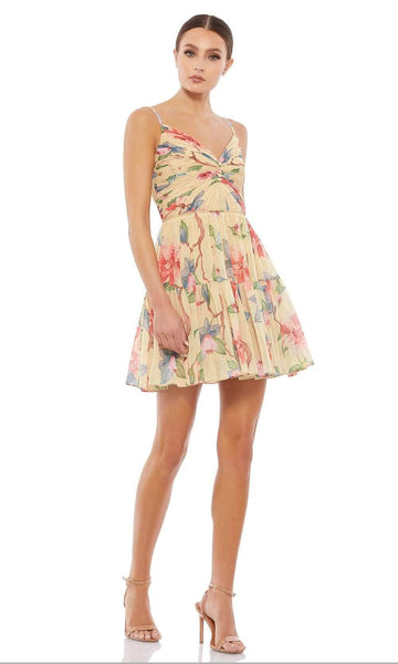 A-line V-neck Floral Print Sleeveless Spaghetti Strap Natural Waistline Fitted Back Zipper Ruched Fit-and-Flare Short Dress