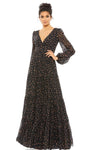 A-line V-neck Long Sleeves Empire Waistline Back Zipper Floral Print Floor Length Dress