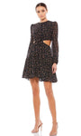 A-line Short Natural Waistline Jeweled Neck Floral Print Back Zipper Cutout Bishop Long Sleeves Dress With a Bow(s)