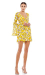 A-line V-neck Bell Sleeves Short Plunging Neck Floral Print Empire Waistline Back Zipper Dress