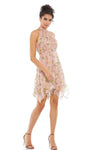 A-line Short Sleeveless Halter Back Zipper Ruched Flowy Natural Waistline Floral Print Dress