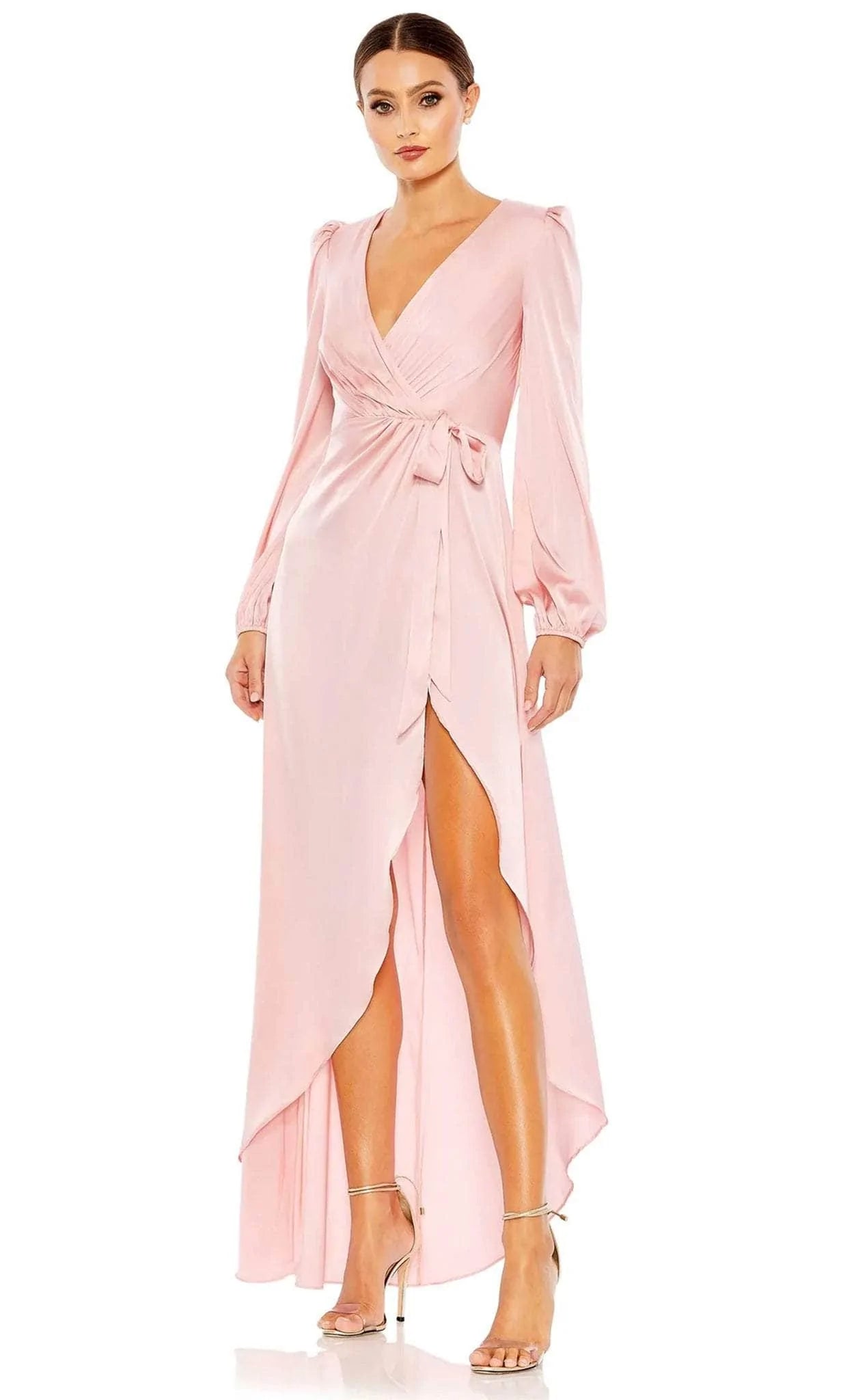 Modest A-line V-neck Bell Long Sleeves Tie Waist Waistline Floor Length Slit Back Zipper Draped Dress