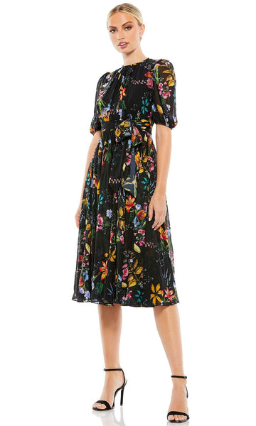 Sophisticated Modest A-line High-Neck Floral Print Tea Length Bishop Puff Sleeves Elbow Length Sleeves Goddess Ruched Back Zipper Sheer Mother-of-the-Bride Dress/Midi Dress