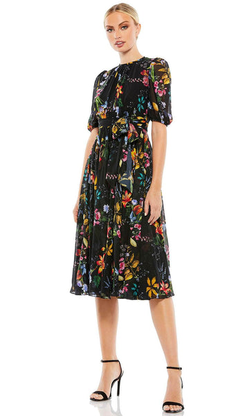 Sophisticated Modest A-line Tea Length High-Neck Bishop Puff Sleeves Elbow Length Sleeves Back Zipper Ruched Sheer Goddess Floral Print Mother-of-the-Bride Dress/Midi Dress