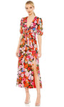 Sophisticated A-line V-neck Tea Length Short Sleeves Sleeves Floral Print Slit Back Zipper Basque Waistline Dress