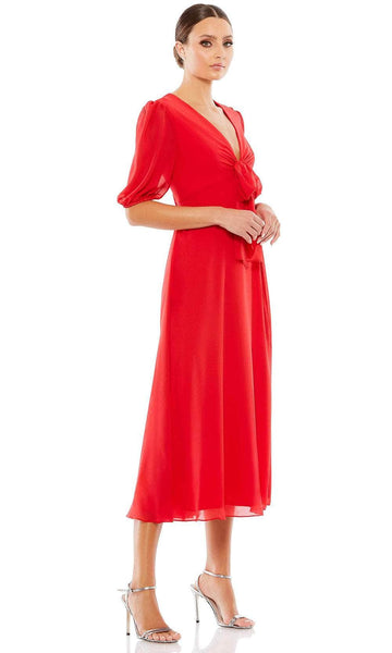 A-line V-neck Flowy Ruched Slit Back Zipper Empire Waistline Tea Length Puff Sleeves Elbow Length Sleeves Evening Dress With a Bow(s) and a Sash