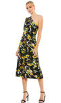 Sophisticated A-line One Shoulder Natural Waistline Cocktail Tea Length Fitted Asymmetric Open-Back Hidden Back Zipper Ruched Floral Print Dress