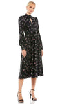 A-line Cocktail Tea Length Floral Print Cutout Fitted Keyhole Back Zipper Bishop Flutter Sleeves Spring Fall Natural Waistline High-Neck Dress