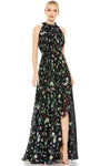 A-line Floral Print Empire Waistline High-Neck Sleeveless Fitted Slit Back Zipper Evening Dress with a Brush/Sweep Train With Ruffles