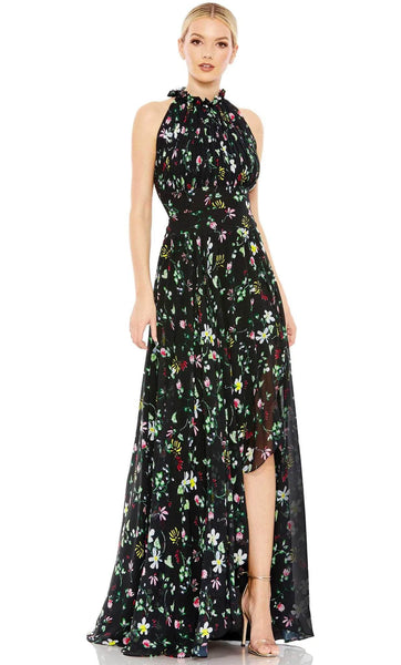 A-line Fitted Slit Back Zipper High-Neck Floral Print Sleeveless Empire Waistline Evening Dress with a Brush/Sweep Train With Ruffles