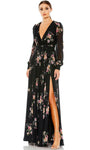 Sexy A-line V-neck Bishop Sleeves Natural Tie Waist Waistline Belted Sheer Wrap Slit Back Zipper Draped Ruched Plunging Neck Floral Print Floor Length Evening Dress