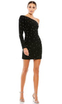 Asymmetric Jeweled Open-Back Back Zipper Jersey Sheath Natural Waistline Cocktail Short Long Sleeves One Shoulder Sheath Dress With Rhinestones